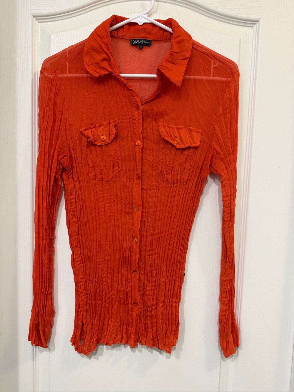 Crinkled Button-Front Long Sleeve Shirt in Bright Orange